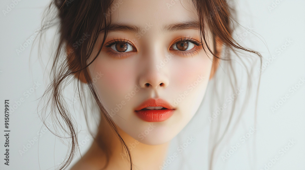 Young Korean woman with delicate features and soft makeup posing against a neutral background in a bright and airy setting Young Korean woman with delicate features and soft makeup posing against a neutral background in a bright and airy setting