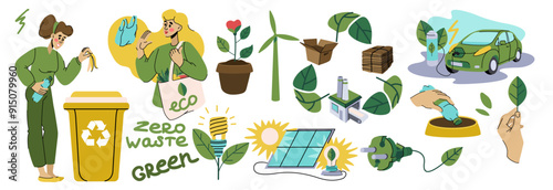 Sustainable eco technology. Environment conservation. ESG energy. Ecology friendly car. Electric transport. Green Earth. Clean electricity generation. Garbage recycle. Vector ecological elements set