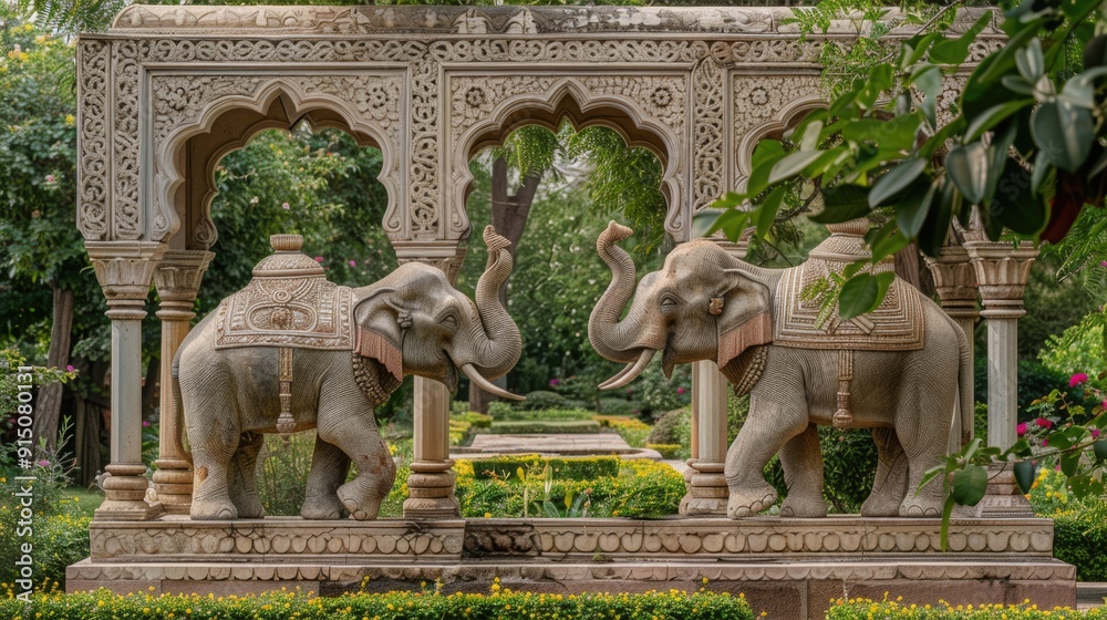 Fototapeta premium Two elephants stand side by side, looking out at the viewer