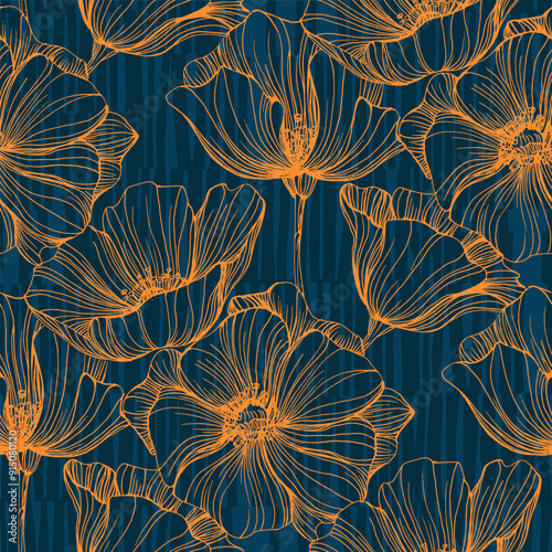 Seamless pattern with summer poppy field flowers. Wildflowers endless pattern in trendy style. Meadow floral illustration. Blooming hellebore poppy flowers seamless pattern.