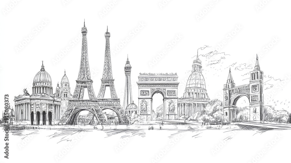 Obraz premium Line drawing of famous world landmarks on a white background, depicted in a hand-drawn sketch style, representing travel concepts 