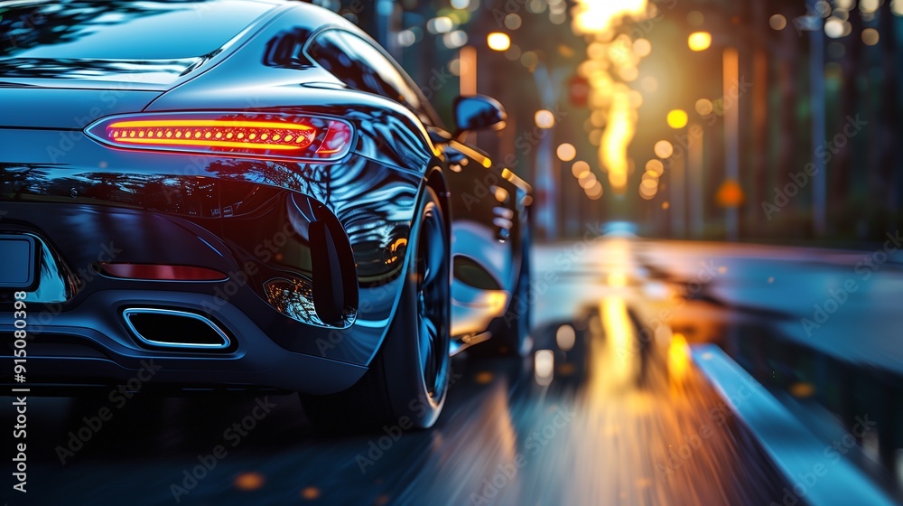 A black car is driving down a street at night A black car is driving down a street at night