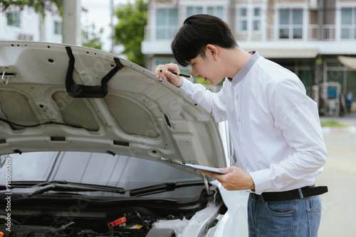 A male mechanic inspects a broken-down car on the roadside, while a female insurance agent provides assistance. The Caucasian driver, holding a clipboard, discusses the damage and files a claim for re photo