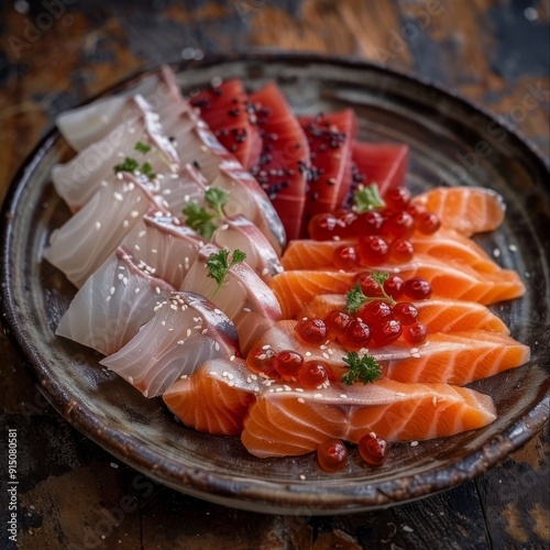 Sashimi, Fresh Seafood Dish, Smoked Salted Raw White Fish Fillet Slices, Red Fish, Toothfish, Salmon photo