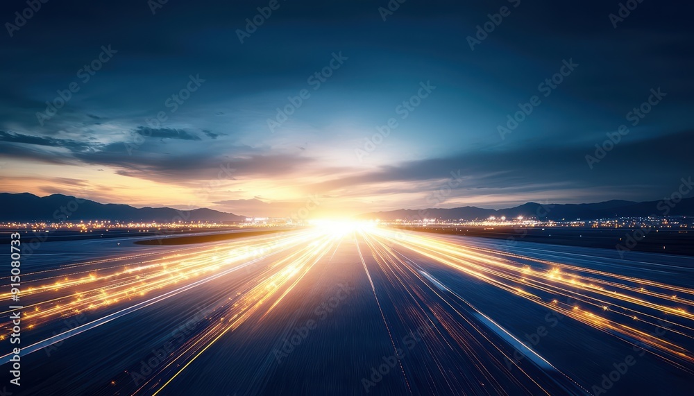 Long, straight highway leading towards a bright horizon during sunset. Long, straight highway leading towards a bright horizon during sunset.