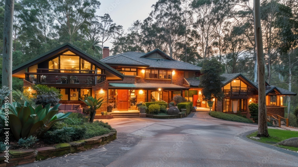 A stunning modern house surrounded by lush greenery and tall trees with beautiful landscaping, captured at sunset, showcasing its elegant architectural design. A stunning modern house surrounded by lush greenery and tall trees with beautiful landscaping, captured at sunset, showcasing its elegant architectural design.
