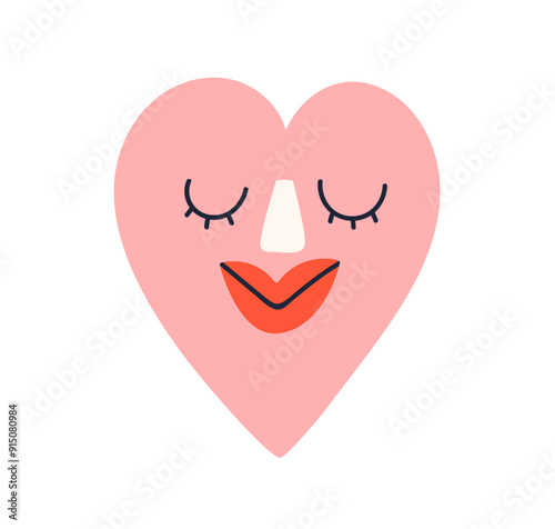 Cute smiling heart with closed eyes, feeling love. Adorable romantic funny character, emoji for Valentine's day. Happy tender face expression. Flat vector illustration isolated on white background