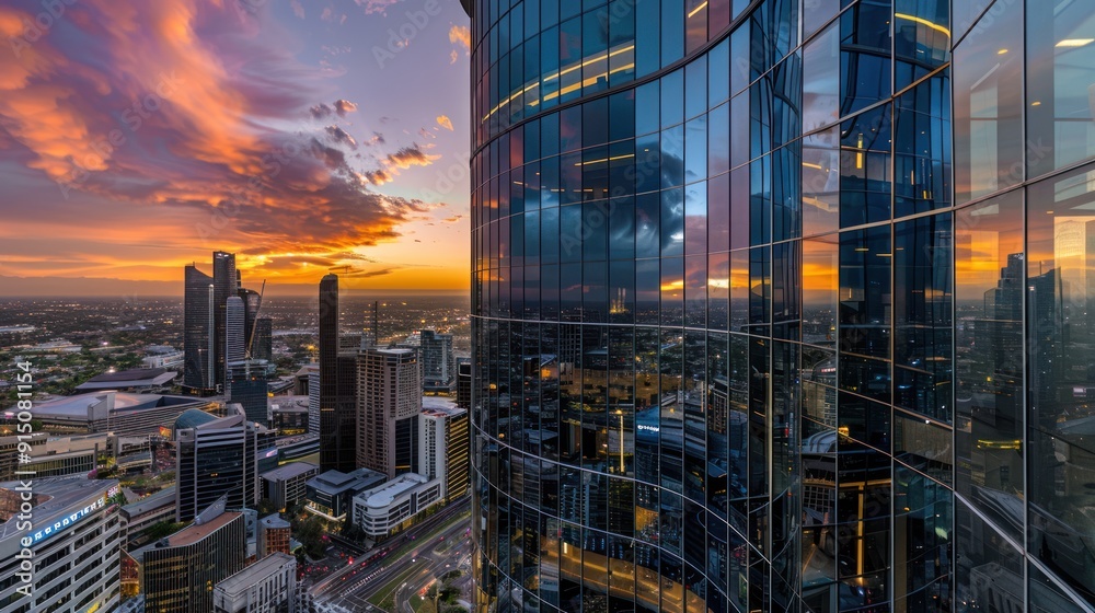 Obraz premium A breathtaking view of a modern city skyline at sunset with towering glass buildings reflecting the vibrant colors of the sky, showcasing urban architectural brilliance.