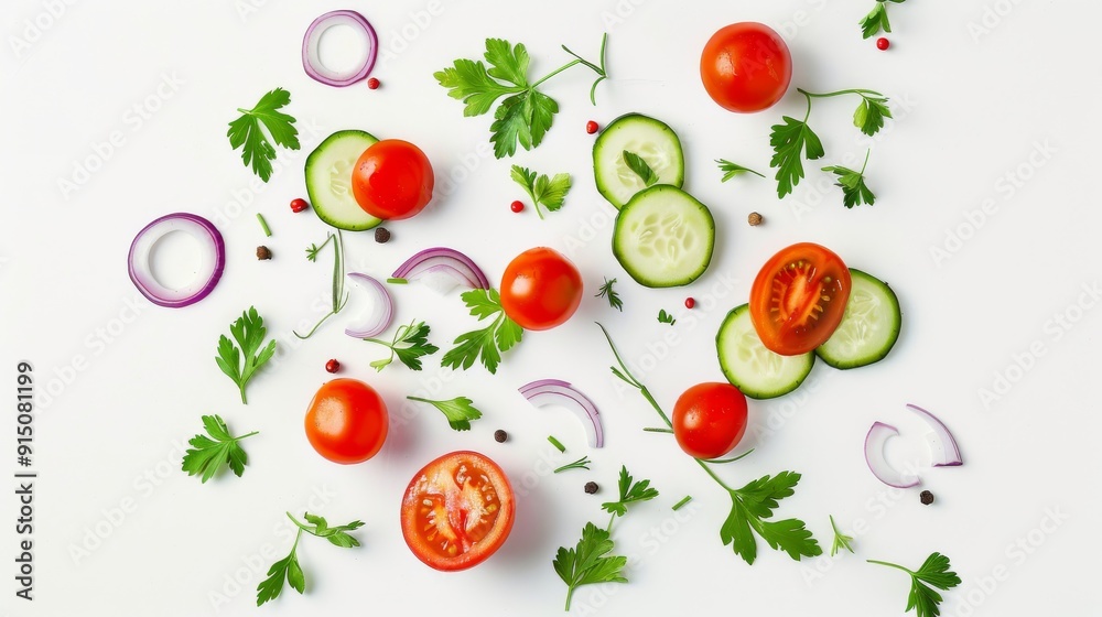 A colorful arrangement of fresh vegetables and herbs is laid out on a white background, creating a vibrant and healthy composition.