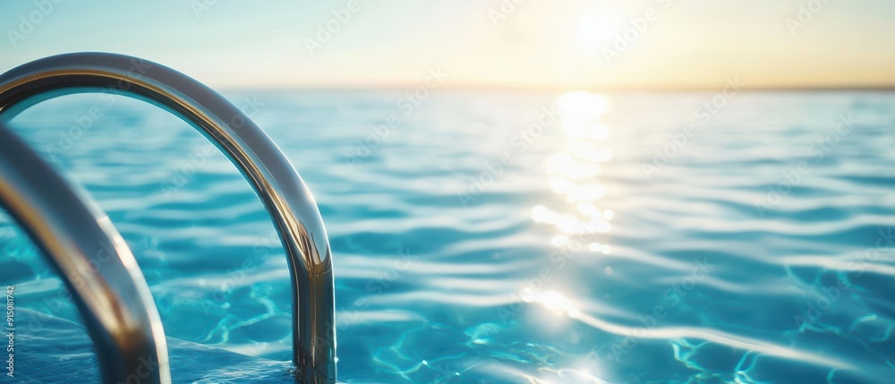 Closeup of a swimming pool ladder in the water, with the sun shining through the ripples Closeup of a swimming pool ladder in the water, with the sun shining through the ripples