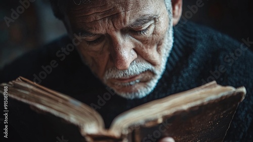 An elderly black man reading a worn book under soft light symbolizing the accumulation of knowledge over a lifetime Stock Photo with copy space photo