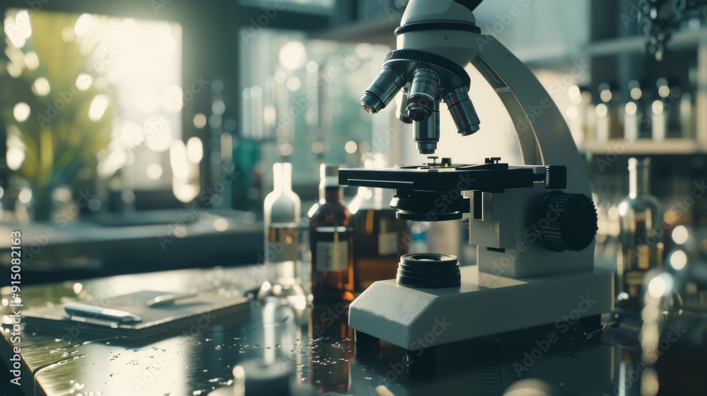 A white microscope on a reflective lab table amidst various glass vials and bottles, basking in soft natural light, evokes a calm and methodical scientific atmosphere. A white microscope on a reflective lab table amidst various glass vials and bottles, basking in soft natural light, evokes a calm and methodical scientific atmosphere.