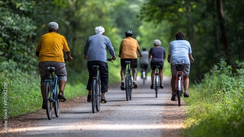 A group of elderly black friends cycling along a scenic path symbolizing the importance of staying active and social in later life Stock Photo with copy space