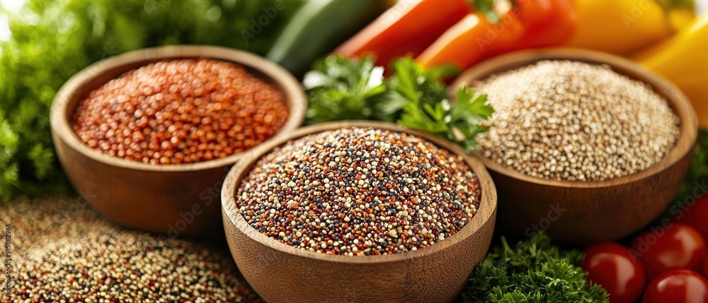 Three bowls of quinoa, red quinoa, white quinoa, and black quinoa. Three bowls of quinoa, red quinoa, white quinoa, and black quinoa.