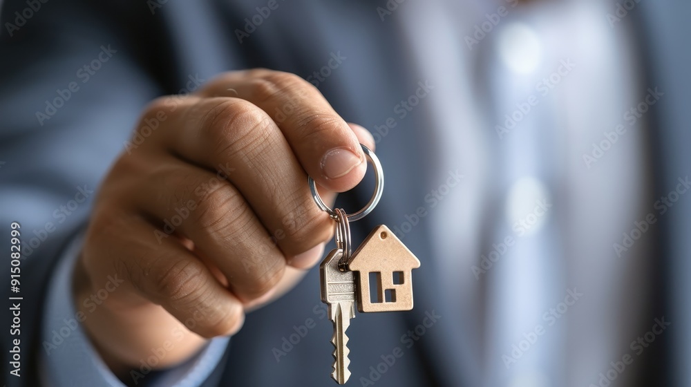 Close-up of a hand holding a house key with a small house-shaped keychain, symbolizing real estate, homeownership, and property. Close-up of a hand holding a house key with a small house-shaped keychain, symbolizing real estate, homeownership, and property.