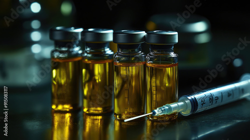 Medical Vials Filled with Testosterone, Trenbolone, Nandrolone Steroids and Syringe photo