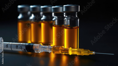 Medical Vials Filled with Testosterone, Trenbolone, Nandrolone Steroids and Syringe photo