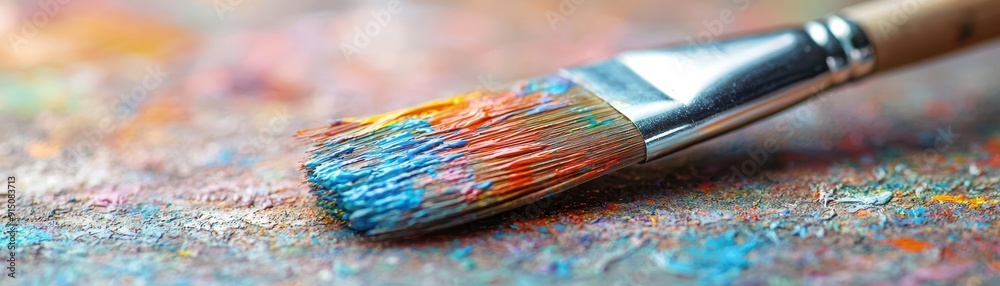 Fototapeta premium Close-up of a paintbrush covered in colorful paint.
