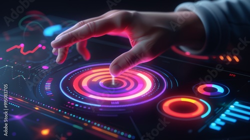 A Hand Adjusting a Colorful Knob on a Digital DJ Mixer photo