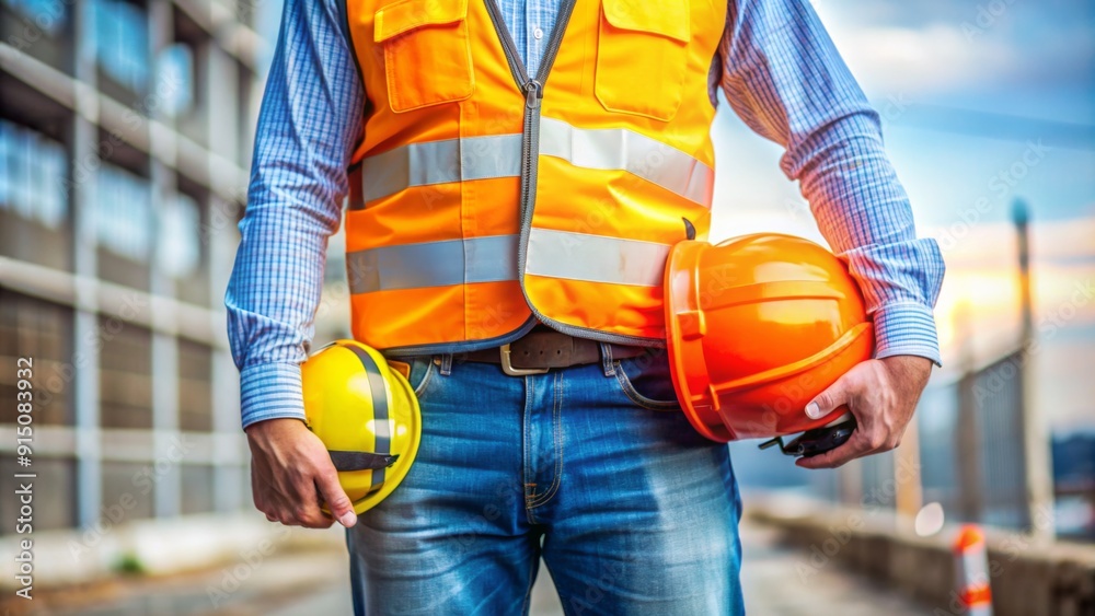 Construction Worker Holding Two Hard Hats Safety Gear, Yellow and Orange, Building Site, Safety Equipment, Construction, Safety First, Hard Hat Construction Worker Holding Two Hard Hats Safety Gear, Yellow and Orange, Building Site, Safety Equipment, Construction, Safety First, Hard Hat