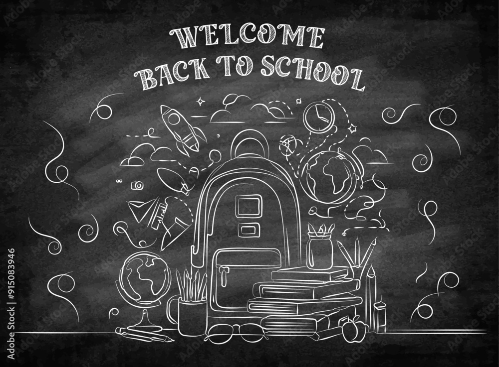 Welcome back to school doodles on a blackboard background. Vector ...