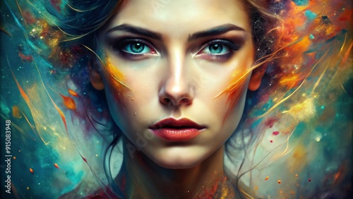 Cosmic Beauty Digital Portrait of a Woman with Blue Eyes and Abstract Background - Fantasy, Surrealism, Beauty, Art