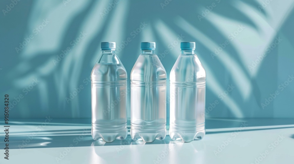 Three clear glass water bottles sitting on a wooden or metal table Three clear glass water bottles sitting on a wooden or metal table