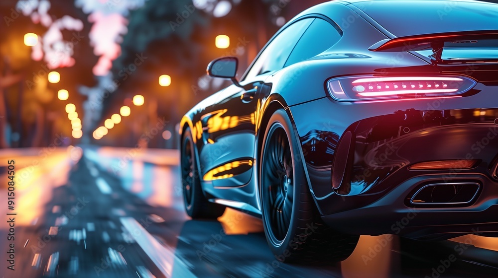 A black car is driving down a street at night A black car is driving down a street at night