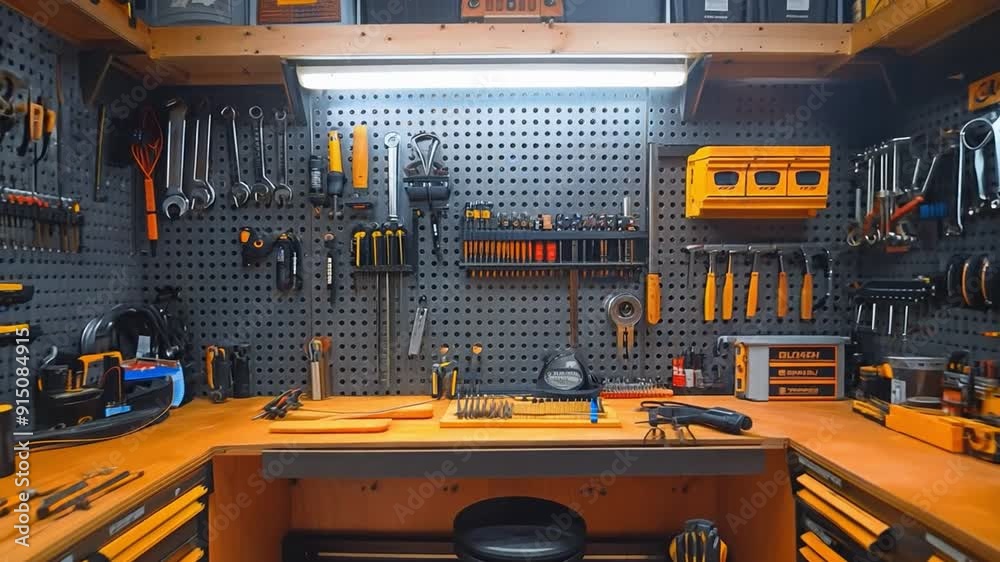 A clean, well-lit modern tool room with well-arranged tools on pegboards effective work area. 
