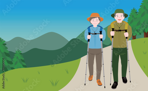 アウトドア登山・キャンプを楽しみ歩く高齢シニア夫婦_春夏イメージイラスト