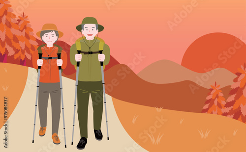 夕焼け・夕日をバックにアウトドア登山を楽しむ高齢シニア夫婦_秋冬イメージイラスト
