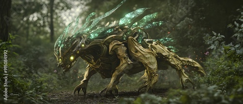 Conceptual digital painting depicting a sentient plant like creature with intricate organic mechanisms biomimetic textures and glowing bioluminescent elements set against a lush
