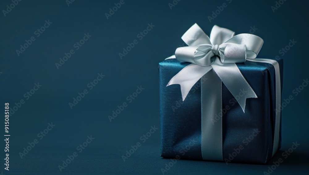 Obraz premium Blue Gift Box with White Ribbon on a Blue Background