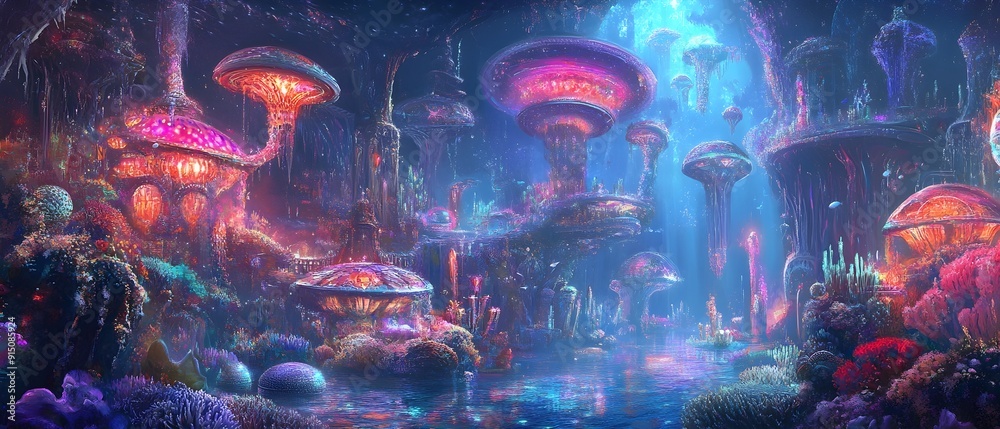 Obraz premium Whimsical underwater seapunk realm featuring coral inspired architecture and a vibrant display of iridescent marine wildlife in a fantastical highly saturated digital painting
