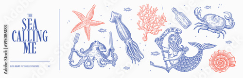 Hand drawn engraving style illustration with various marine elements: a mermaid man, octopus, squid, starfish, crab, coral, cuttlefish, shell, bottle, and fish. Ideal for nautical-themed projects