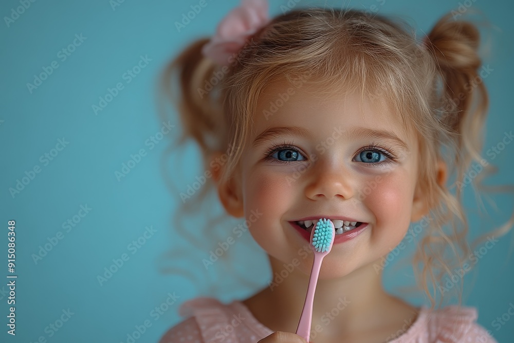 Child Holding Toothbrush on Light Blue Background Child Holding Toothbrush on Light Blue Background