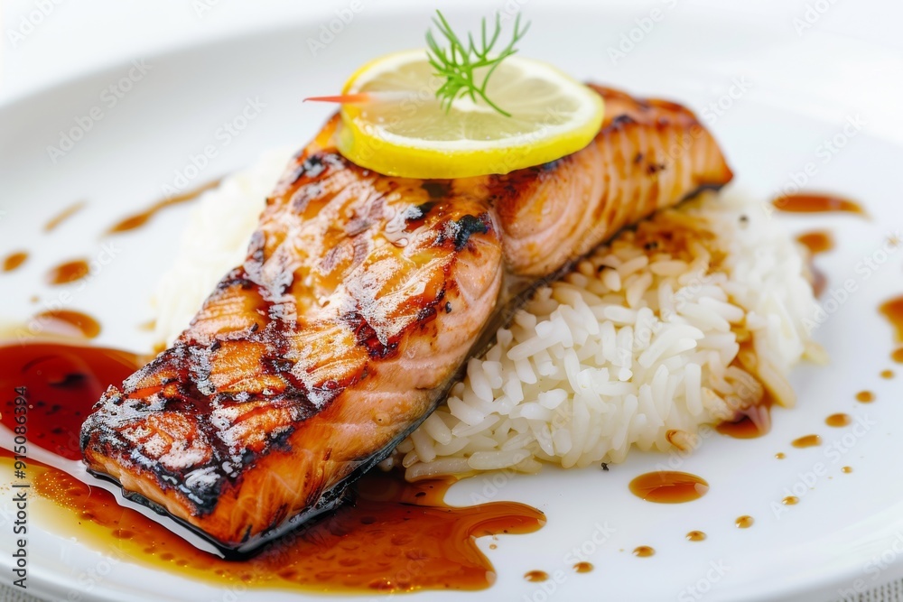 Grilled Salmon Fillet, Red Fish Steak Bbq with Rice, Lemon and Brown Sauce on White Background Grilled Salmon Fillet, Red Fish Steak Bbq with Rice, Lemon and Brown Sauce on White Background