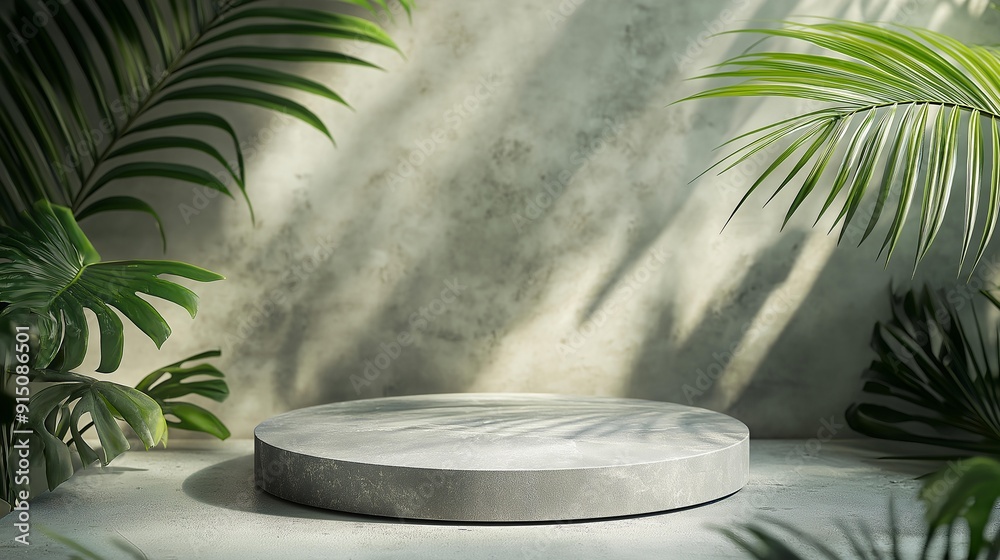 Minimalist Round Gray Stone Podium Surrounded By Green Tropical Plants In Natural Light