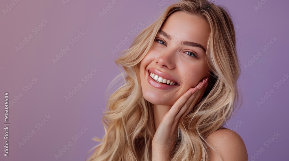 Fototapeta premium A happy young smiling girl on a plain purple background.