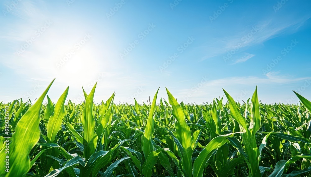 Fototapeta premium Green corn field under sunny blue sky.