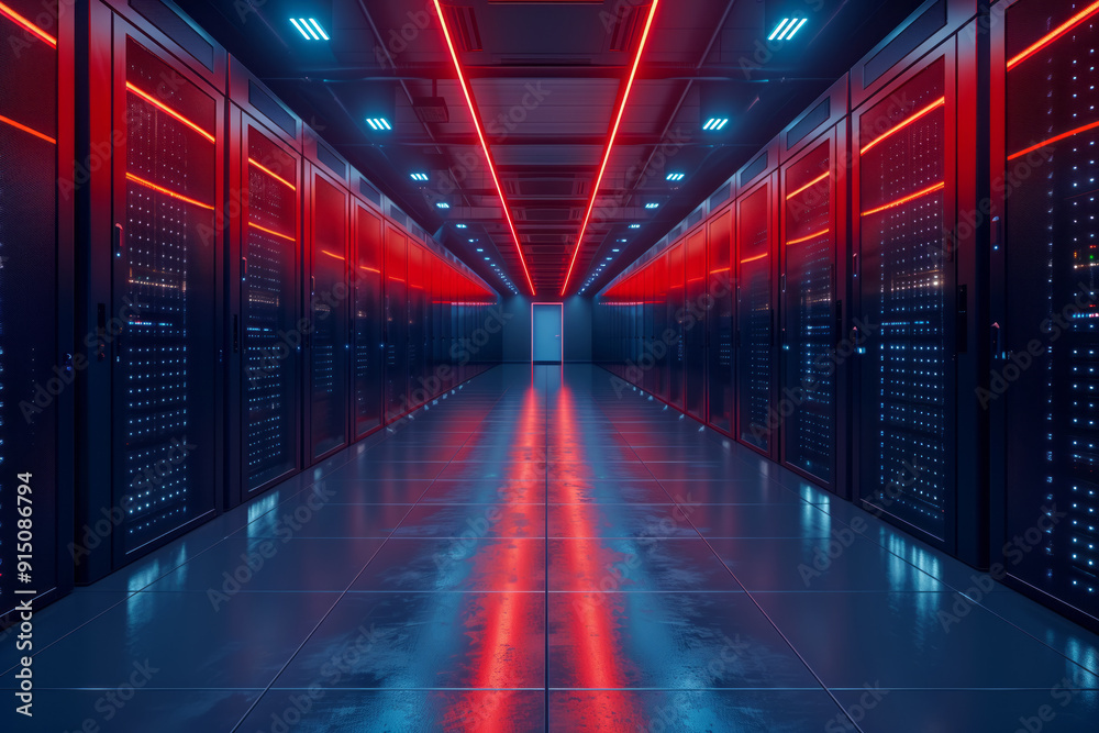 Blue and red AI data center Blue and red AI data center