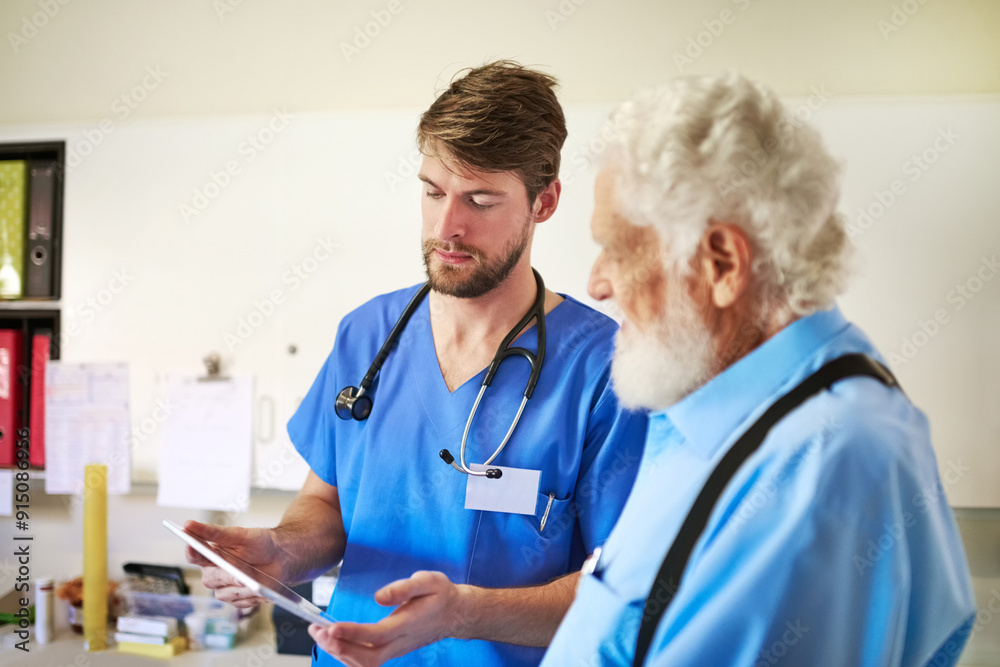 Elderly, man and nurse with tablet in consultation for medical diagnosis, healthcare or test results. Senior patient, doctor or digital report for recovery treatment, planning or assessment in clinic Elderly, man and nurse with tablet in consultation for medical diagnosis, healthcare or test results. Senior patient, doctor or digital report for recovery treatment, planning or assessment in clinic