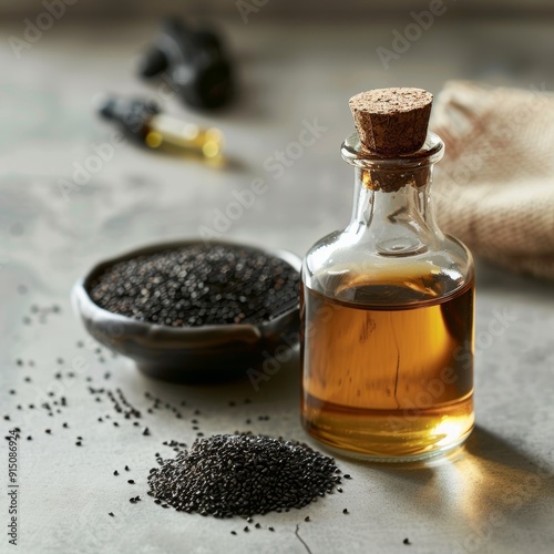 Cumin seed oil. Oil and seeds on the table.