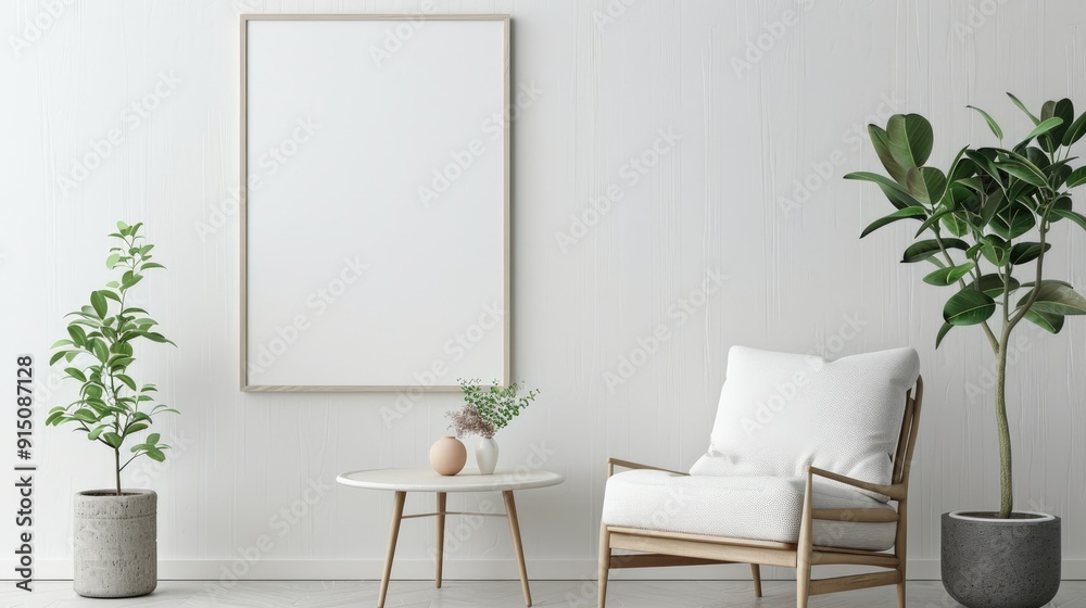 Poster template in a modern Scandinavian-style interior with an empty picture frame on a white wall Poster template in a modern Scandinavian-style interior with an empty picture frame on a white wall