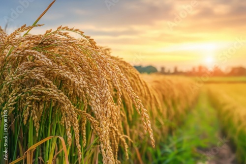 Golden paddy fields ready for harvest, with a picturesque sunset. Soft light with nature background