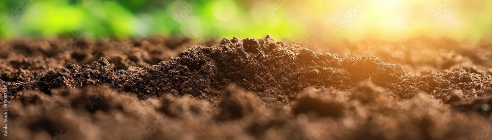 Close-up of rich, dark soil with blurred green background and sunlight. Close-up of rich, dark soil with blurred green background and sunlight.