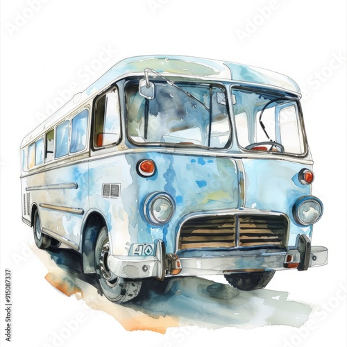 Watercolor painting of a vintage bus, on isolated white background