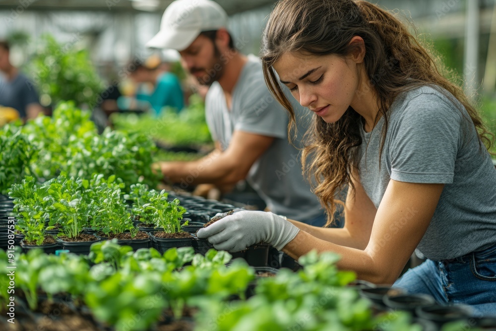 A group of people and children work together in a greenhouse, growing and harvesting vegetables, AI generated A group of people and children work together in a greenhouse, growing and harvesting vegetables, AI generated