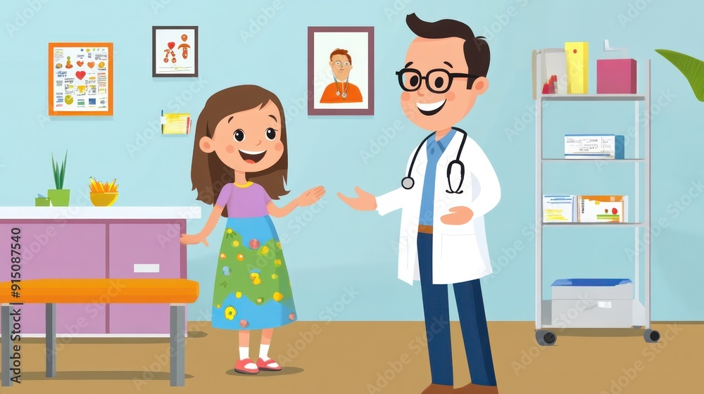 A cartoon of a doctor and a girl in a hospital