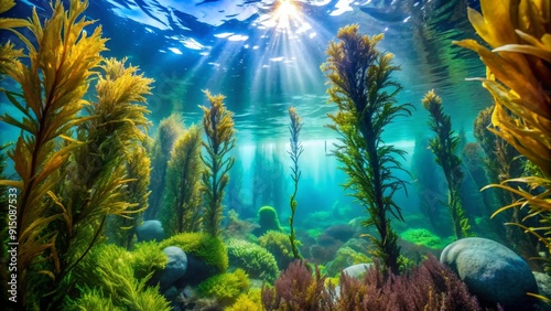 Wallpaper Mural Sunlight Illuminates Seaweed Forest Underwater Perspective, Composition of Vibrant Greens and Golds, Sunbeams Cutting Through the Water, Kelp, Algae, Ocean, Underwater Life Torontodigital.ca
